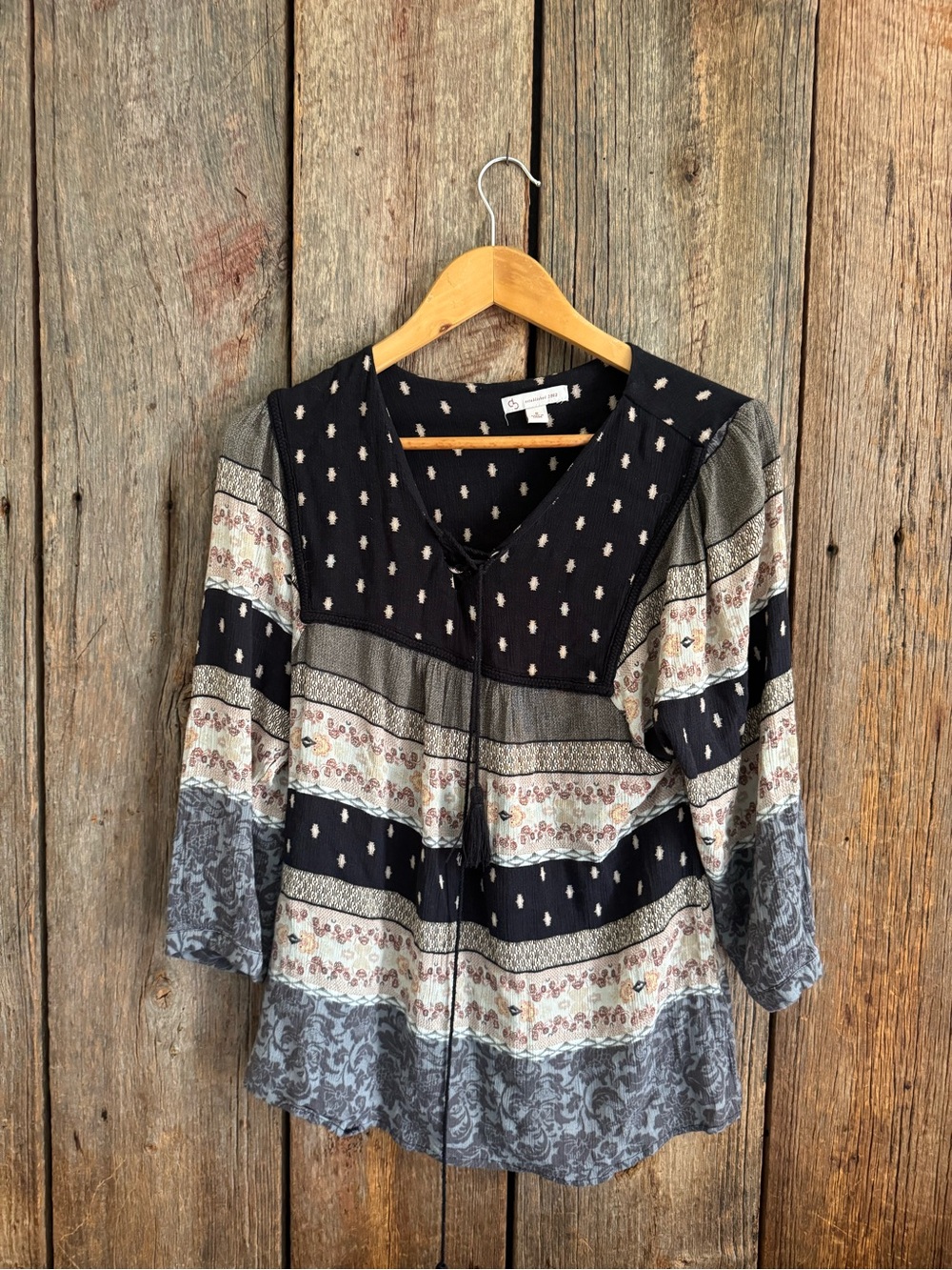 Boho-Style Black and Cream Patterned Peasant Top